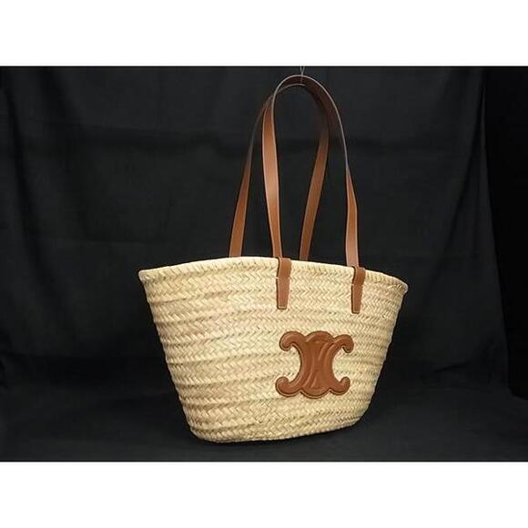 Celine Handbags - CELINE Triomphe Panier Raffia Leather Tote Bag Shoulder Brown